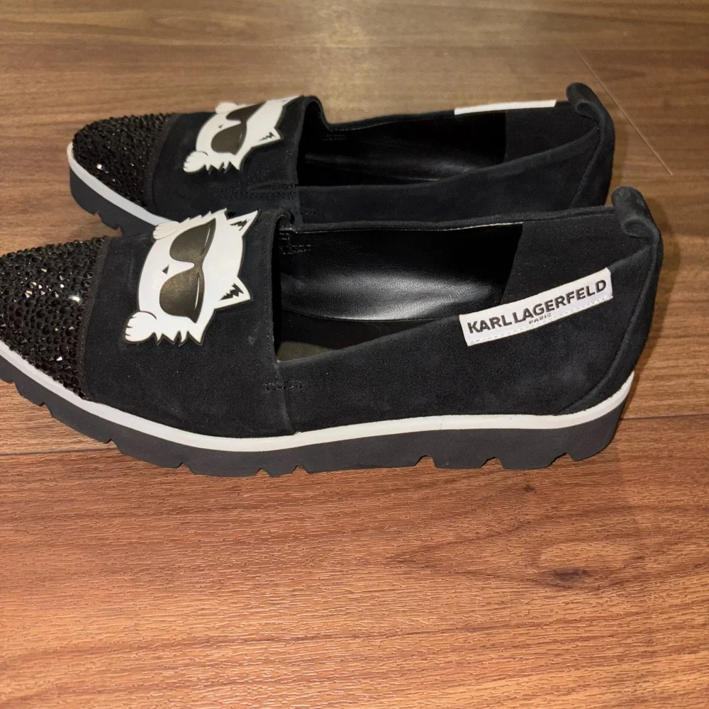 Karl Lagerfeld Cat Loafers Black Suede Rhinestone Studded 6m - Picture 5 of 6